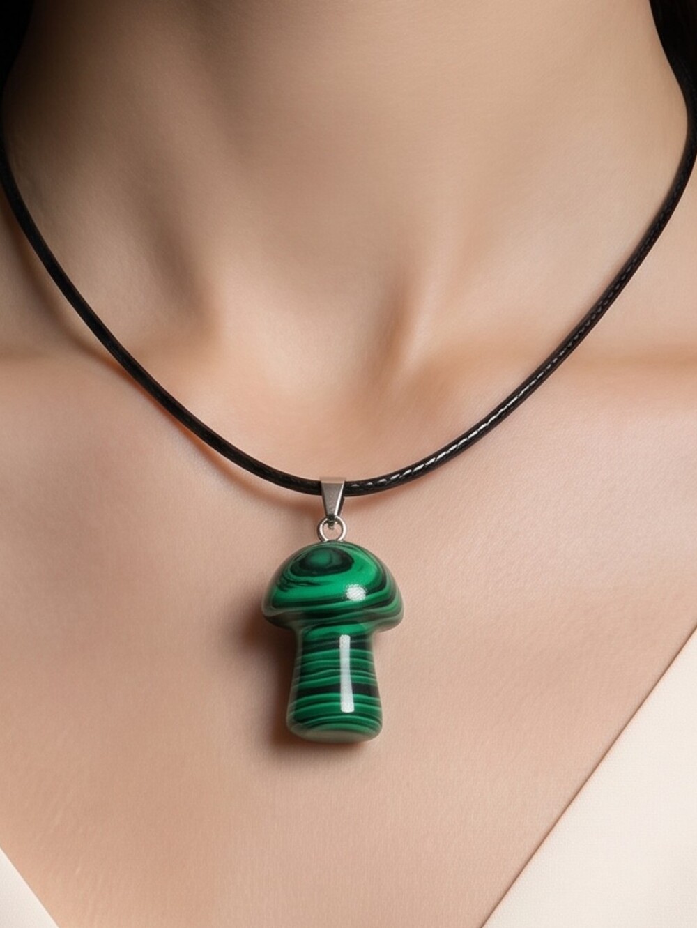 Malachite Green Mushroom Necklace Natural Stone Toadstool Cottagecore Pendant
